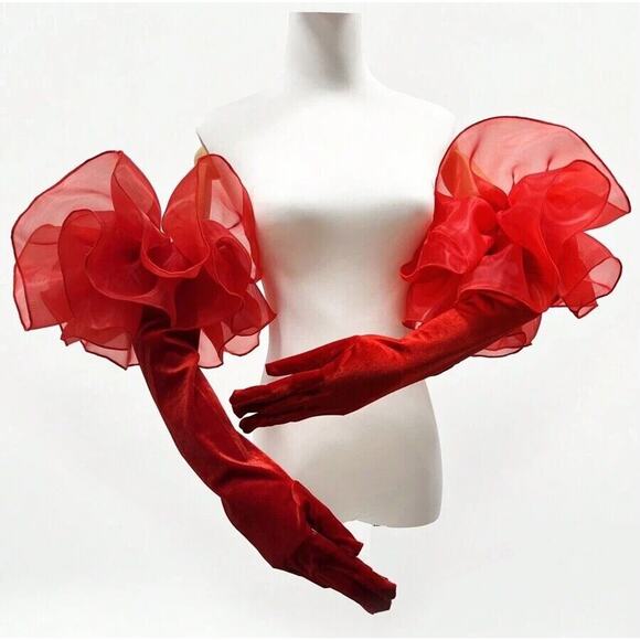 New Red‎ Velvet Opera Evening Gloves Large Tulle Puffs Vintage Style Long Formal - Picture 3 of 5